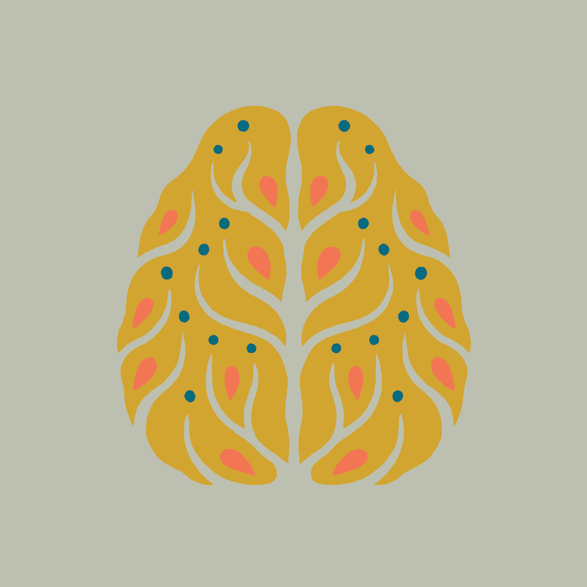 A stylized illustration of a yellow brain with abstract, wavy patterns, pink accents, and small blue dots, set against a light gray background.