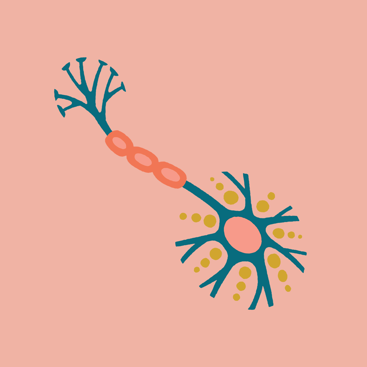 A simplified, stylized illustration of a neuron on a peach background, showing a blue cell body with branching dendrites, a long axon with three orange myelin segments, and small yellow dots around the cell body.