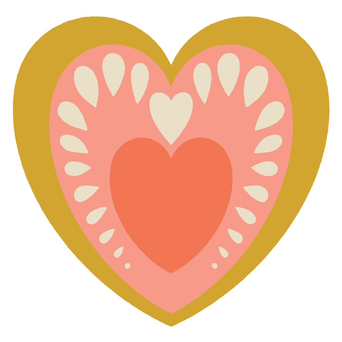 A stylized heart illustration with three layered hearts in gold, pink, and orange, featuring white teardrop shapes and a smaller cream-colored heart at the top center.
