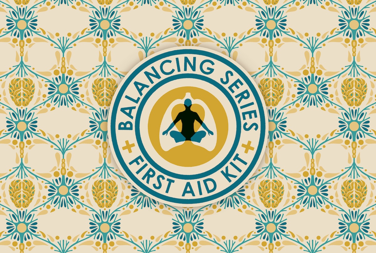 A circular emblem with the text "Balancing Series First Aid Kit" surrounds a silhouette of a person sitting cross-legged. The emblem is on a beige background with an ornate teal and gold patterned design.