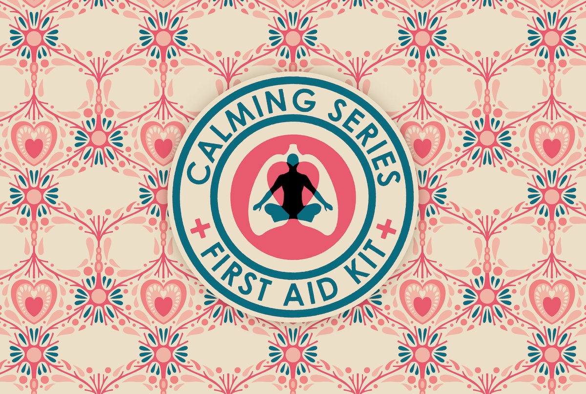 A circular logo with the text "Calming Series First Aid Kit" surrounds a silhouette of a person meditating, set against a repeating pink and teal heart and floral pattern background.