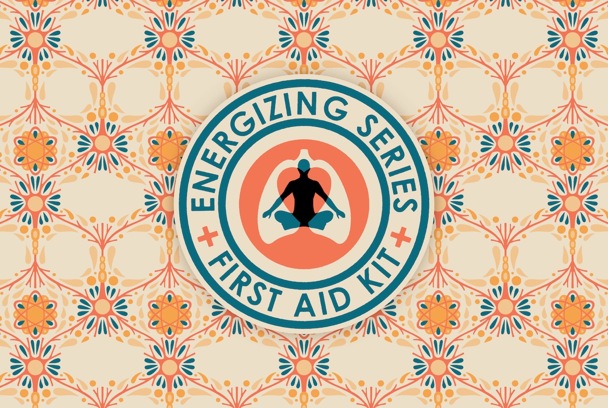 A circular logo with a silhouetted figure sitting cross-legged, surrounded by the text "Energizing Series First Aid Kit," is centered on a patterned floral background in orange, teal, and beige tones.