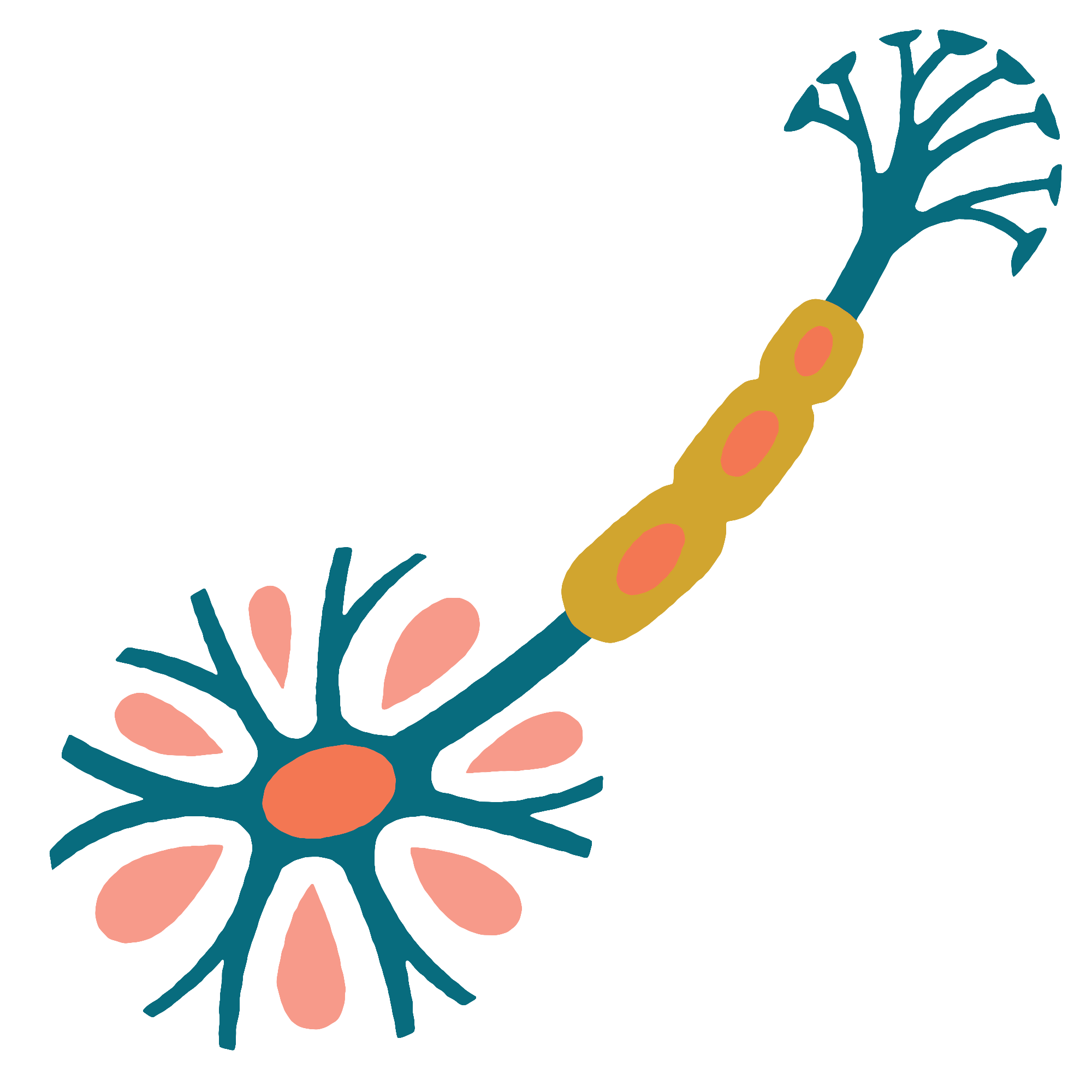 A stylized illustration featuring an abstract pink and orange flower-like shape on the left and gold chain-like elements forming an angle on the right, set against a teal background.