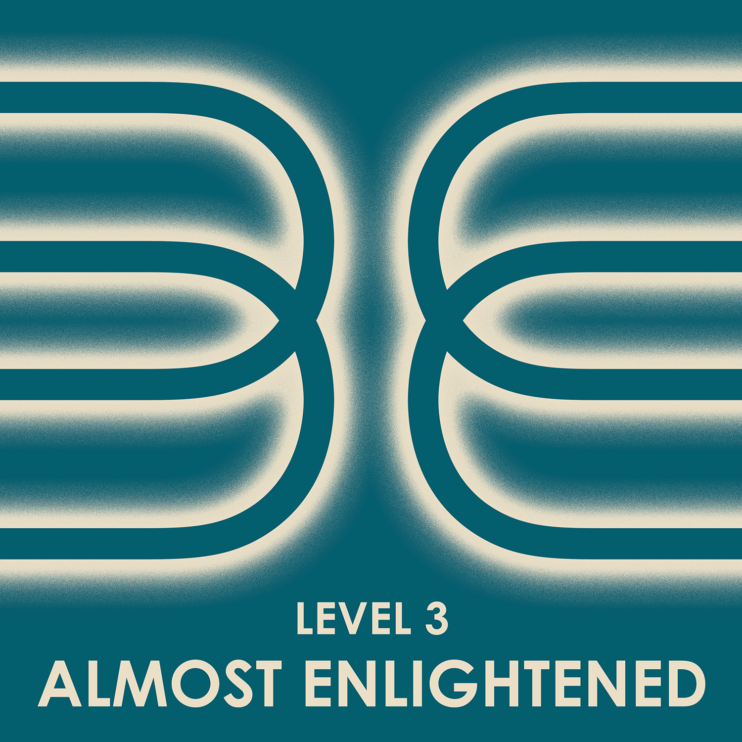 Stylized graphic with glowing, curved lines resembling mirrored number eights. Text at the bottom reads: "LEVEL 3 ALMOST ENLIGHTENED" on a teal background.