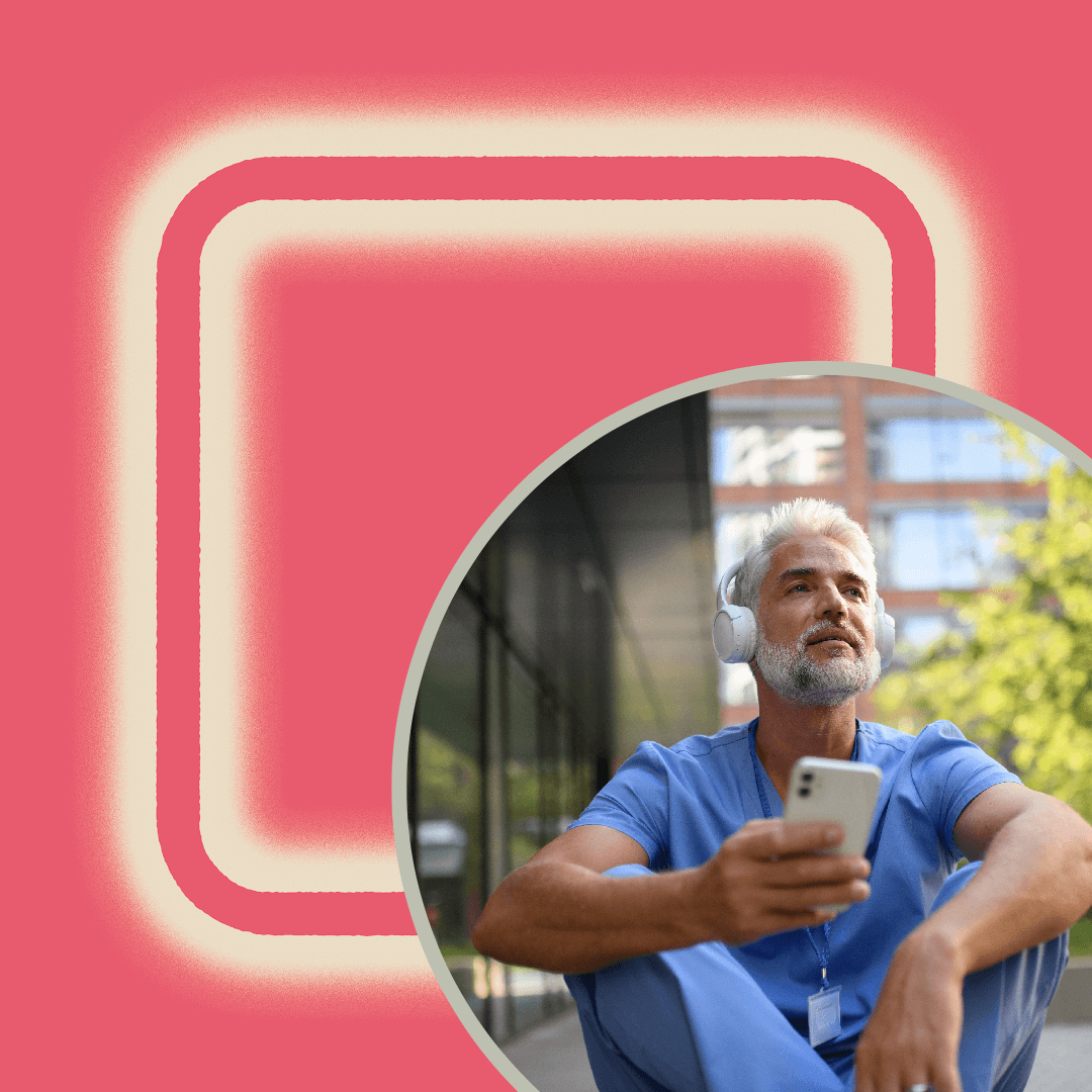 A man in blue scrubs and headphones sits outdoors holding a smartphone. The background features large glass windows and greenery. The image is overlaid on a pink graphic with a glowing square outline.