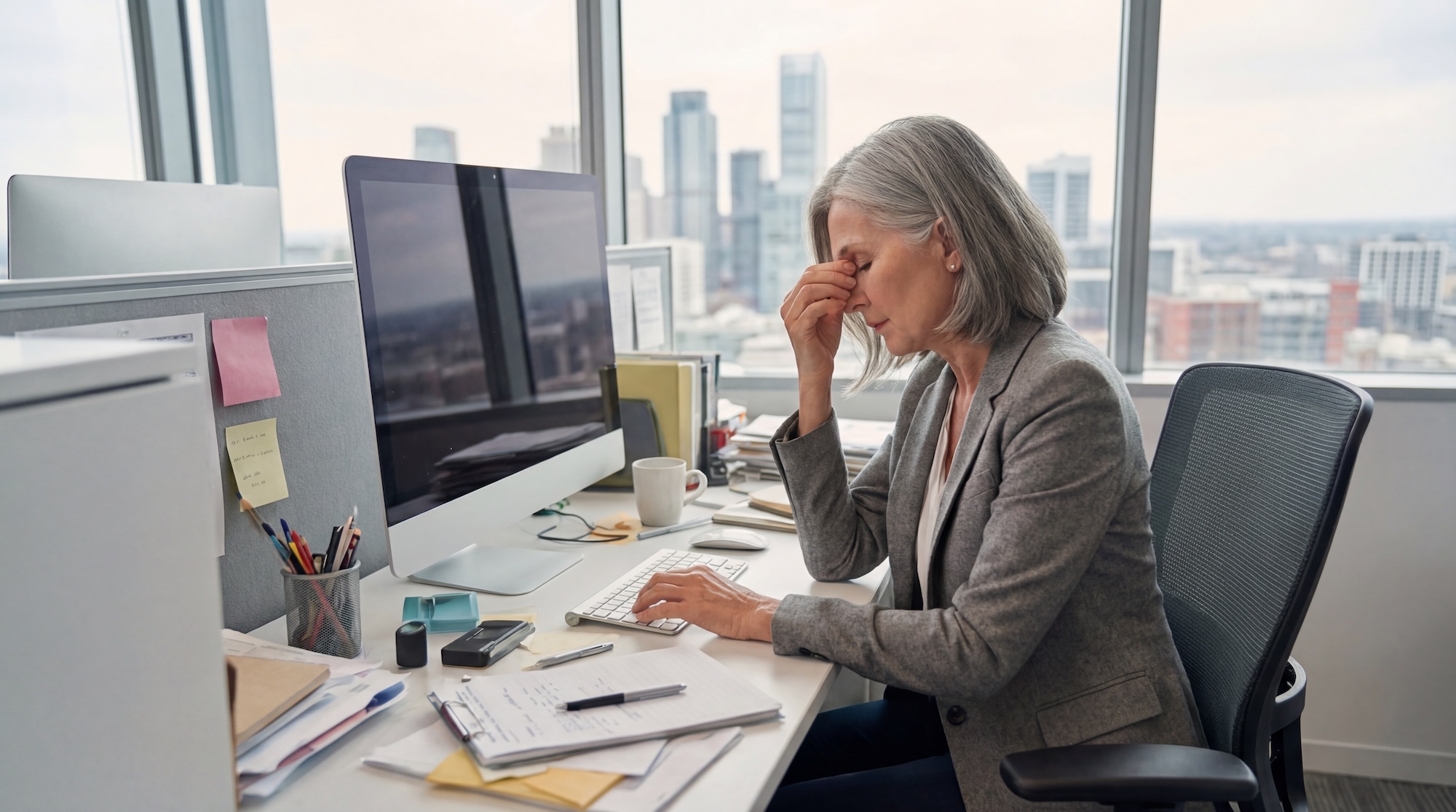 A woman with gray hair sits at a desk in an office, holding her head and appearing stressed. Papers, folders, and office supplies are spread out on the desk. Large windows show tall buildings outside.
