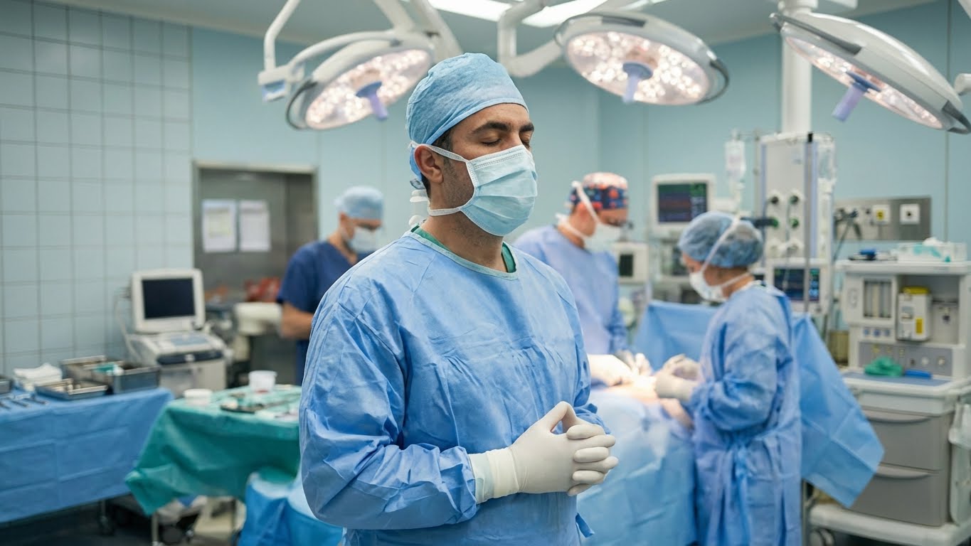 A surgeon in blue scrubs, mask, and cap stands with eyes closed and hands clasped in an operating room. Other medical staff work in the background near surgical equipment and monitors.