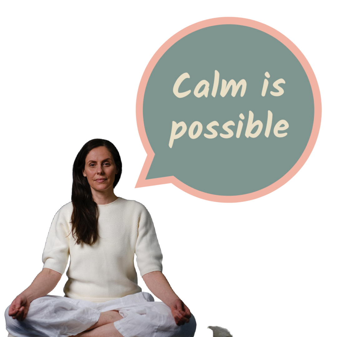 A woman in white sits with hands raised and an expressive face in front of a large yellow starburst with the words “EVERYONE IS BREATHING!!! ARE YOU?” written in blue text. The background is light gray.